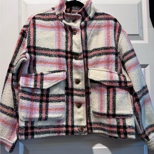 Bagatelle cozy brushed knit plaid shacket pink cream jacket